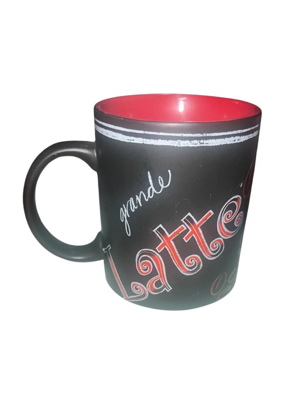 Starbucks Black Matte Mug with Red Interior and Chalk Art